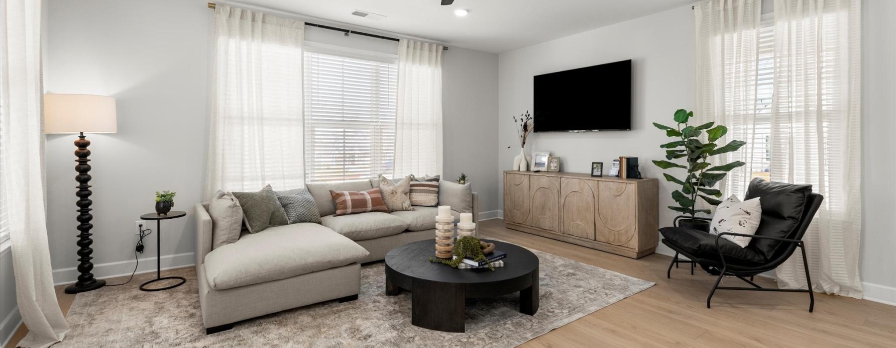 a living room with a tv and couches